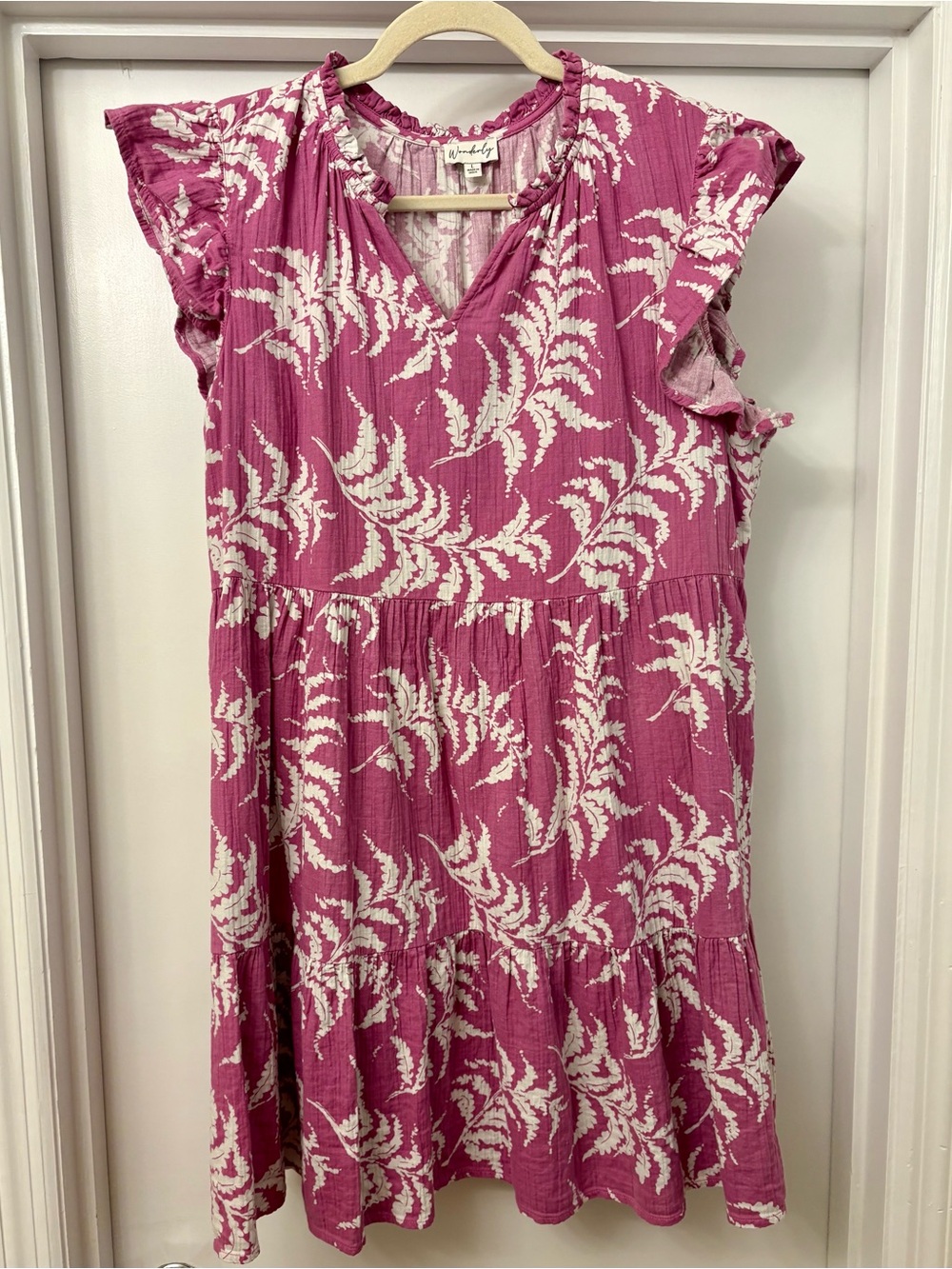 Wonderly Pink and White Fern-Print Tiered Dress